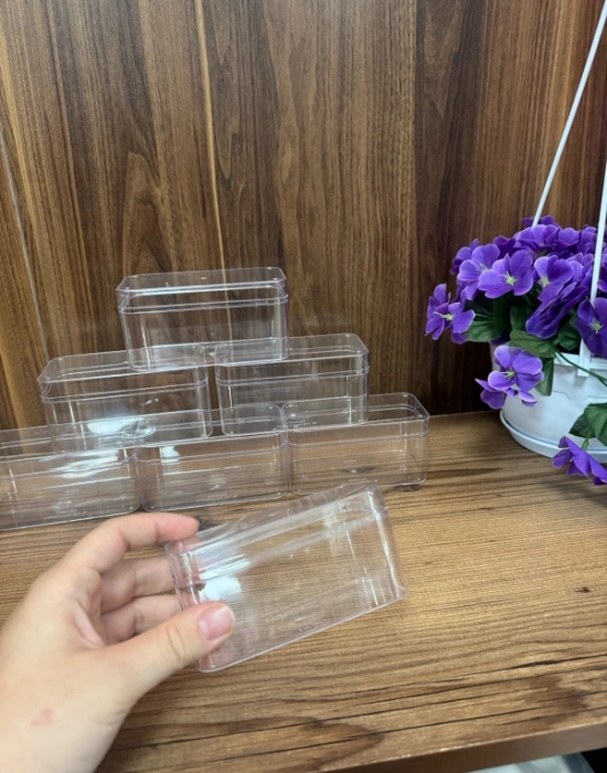 Sert-Mika Plastik Tatlı Kasesi Dikdörtgen 270CC - 6 Adet Kapaklı Hijyenik ve Estetik Sunum