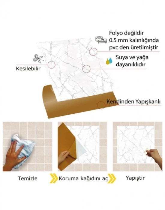 CT. 6 Adet Yapışkanlı Beyaz Mermer Desenli Sticker 30x30 cm