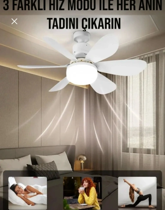 6 Kanatlı Led Lamba 3 Kademe 3 Renk Işıklı Sessiz Tavan Vantilatörü Kumandalı Tavan Fanı Led Ampül