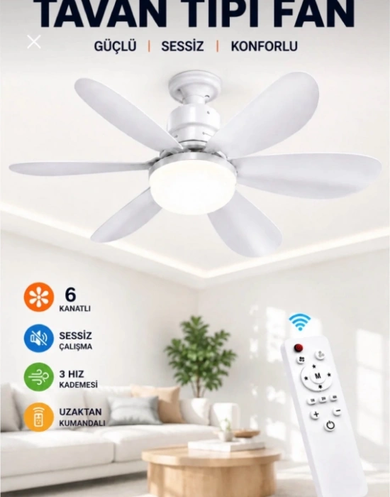 6 Kanatlı Led Lamba 3 Kademe 3 Renk Işıklı Sessiz Tavan Vantilatörü Kumandalı Tavan Fanı Led Ampül