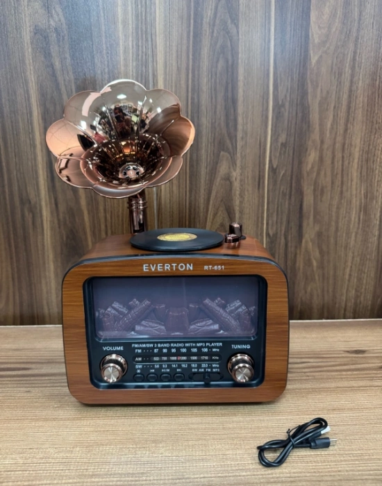Everton Radyo Büyük Gramafonlu Şömine Görünümlü Şarjlı Nostaljik Radio RT-651