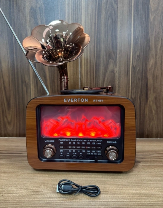 Everton Radyo Büyük Gramafonlu Şömine Görünümlü Şarjlı Nostaljik Radio RT-651