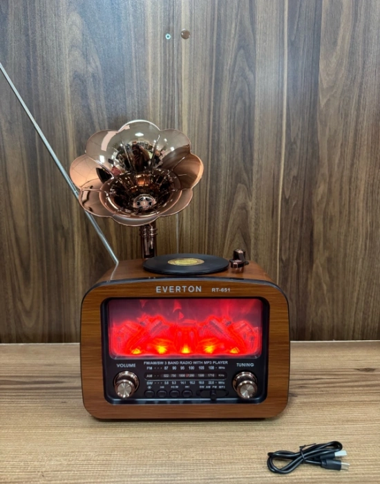 Everton Radyo Büyük Gramafonlu Şömine Görünümlü Şarjlı Nostaljik Radio RT-651