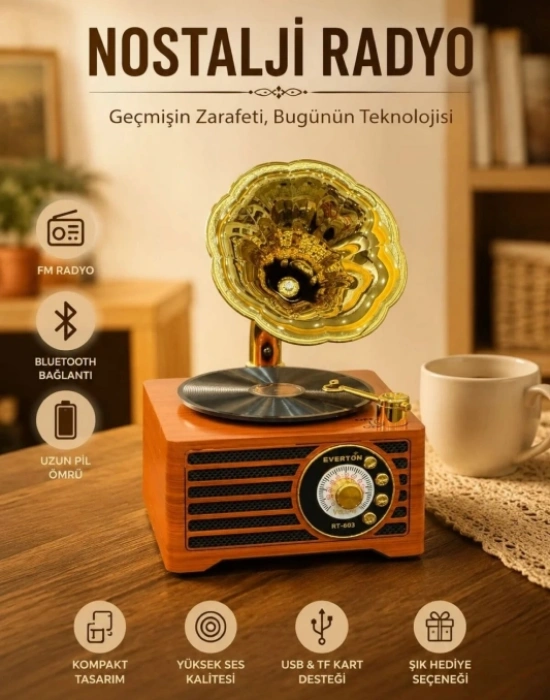 Everton Radyo Gramafon Görünümlü Şarjlı Nostaljik Radio RT-603