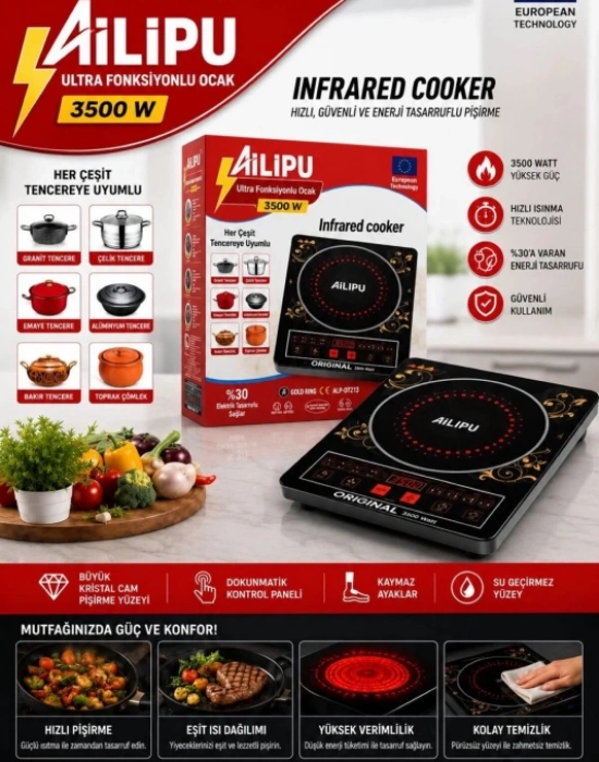Akıllı Lazer Ocak Her Çeşit Tencereye Uyumlu 3500W