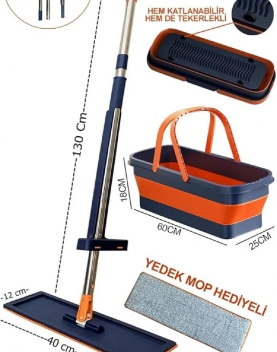 Kendinden Sıkmalı Kova Mop Takım Turuncu Set Katlanır Kovalı 2 Bezli