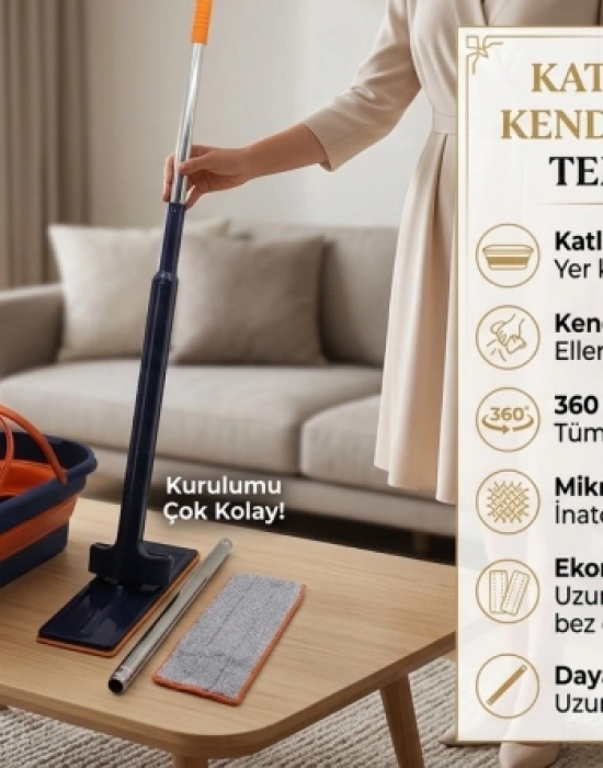 Kendinden Sıkmalı Kova Mop Takım Turuncu Set Katlanır Kovalı 2 Bezli