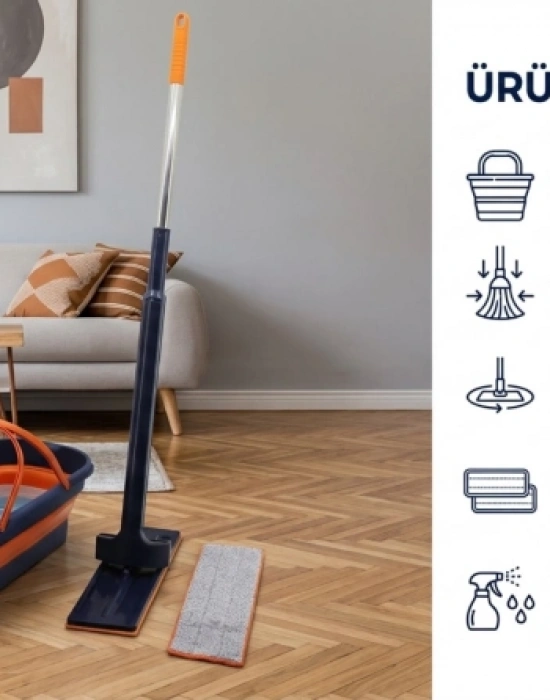 Kendinden Sıkmalı Kova Mop Takım Turuncu Set Katlanır Kovalı 2 Bezli