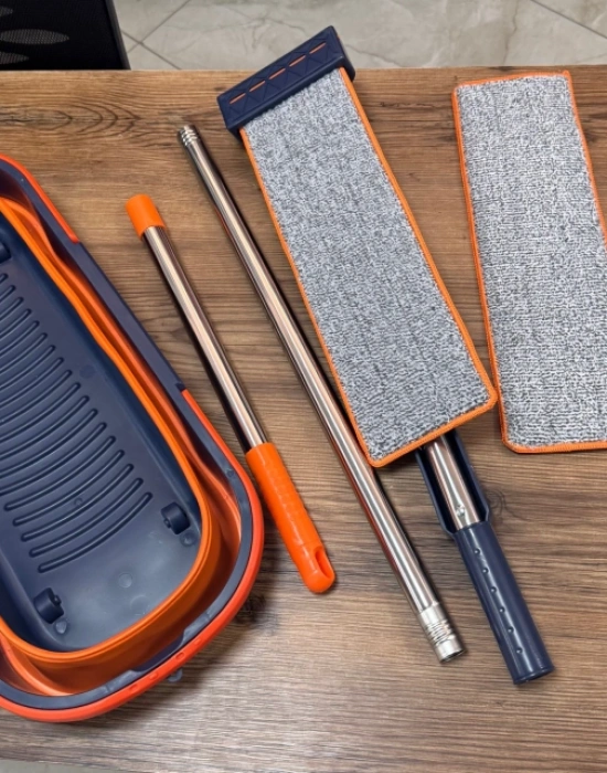 Kendinden Sıkmalı Kova Mop Takım Turuncu Set Katlanır Kovalı 2 Bezli