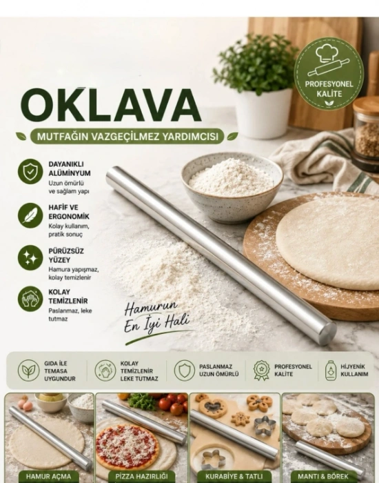 Alüminyum Oklava Profesyonel Hamur Açma Oklavası 40 Cm Bazlama Oklavası
