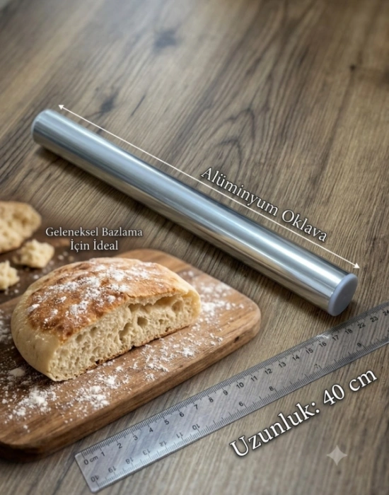Alüminyum Oklava Profesyonel Hamur Açma Oklavası 40 Cm Bazlama Oklavası