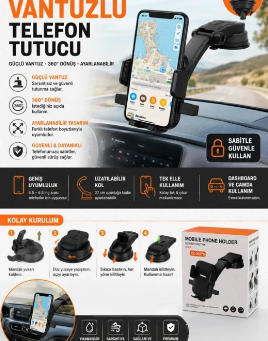 CT. Torpido Üstü Vakumlu Araç Telefon Tutucu Ayarlanabilir Uzun Kollu