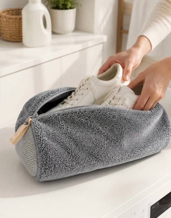 Miss Clean Ayakkabı Hurcu Gri Ayakkabı Yıkama Çantası Özel Mikrofiber Kumaş 600 gsm Fermuarlı Büyük Boy