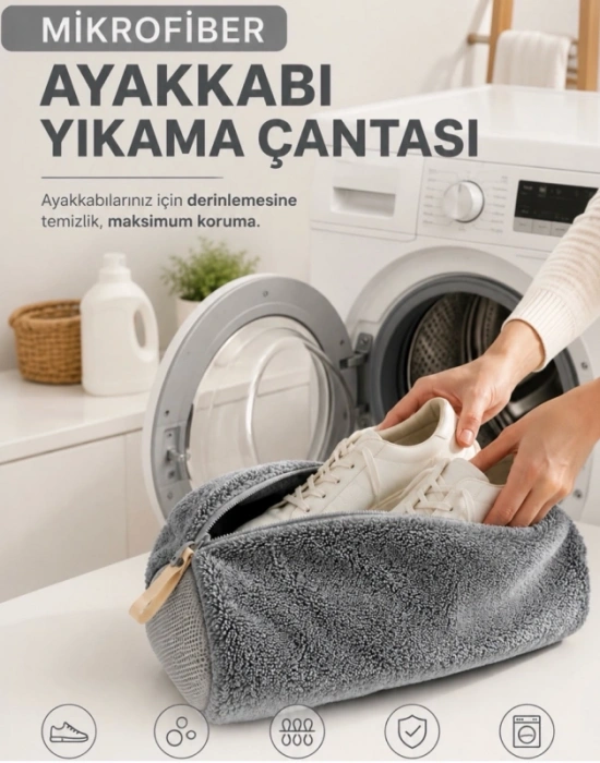 Miss Clean Ayakkabı Hurcu Gri Ayakkabı Yıkama Çantası Özel Mikrofiber Kumaş 600 gsm Fermuarlı Büyük Boy