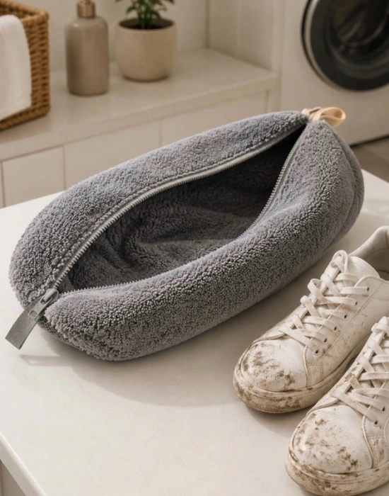 Miss Clean Ayakkabı Hurcu Gri Ayakkabı Yıkama Çantası Özel Mikrofiber Kumaş 600 gsm Fermuarlı Büyük Boy
