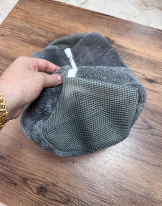 Miss Clean Ayakkabı Hurcu Gri Ayakkabı Yıkama Çantası Özel Mikrofiber Kumaş 600 gsm Fermuarlı Büyük Boy