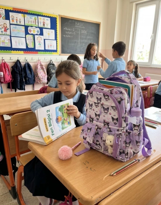 BS. Kawaii Kore Tarzı Aksesuarlı Ortopedik Yerli Günlük Okul Çantası Kuromi Karakter