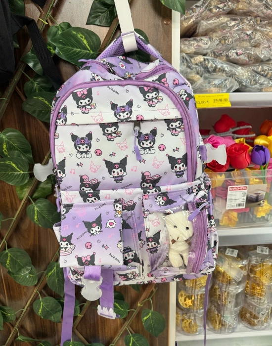 BS. Kawaii Kore Tarzı Aksesuarlı Ortopedik Yerli Günlük Okul Çantası Kuromi Karakter