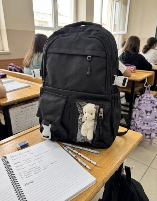 BS. Kawaii Kore Tarzı Aksesuarlı Ortopedik Yerli Günlük Okul Çantası Siyah