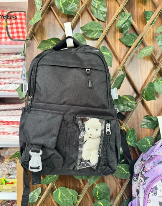 BS. Kawaii Kore Tarzı Aksesuarlı Ortopedik Yerli Günlük Okul Çantası Siyah