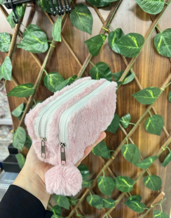 BS. PEMBE Peluş Çift Gözlü Bölmeli Okul İçin Ponponlu Çok Amaçlı Organizer Kalemlik Kalem Kutusu