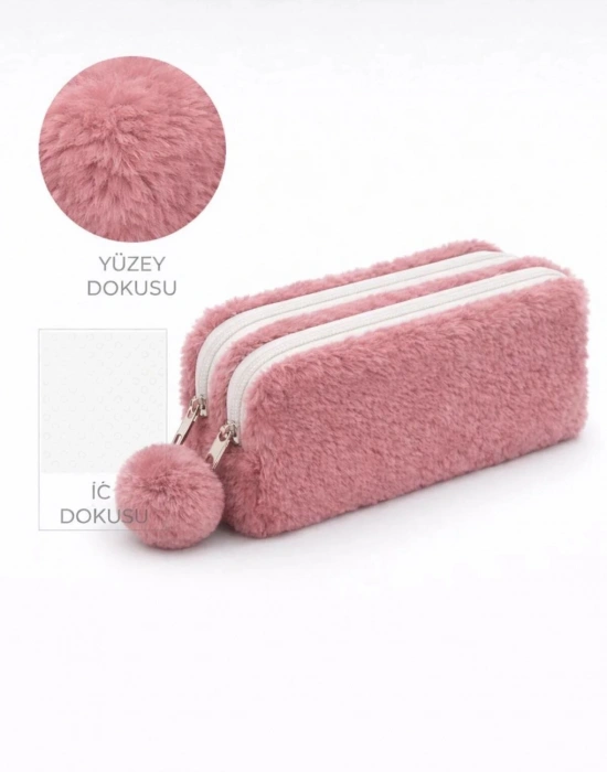 BS. PEMBE Peluş Çift Gözlü Bölmeli Okul İçin Ponponlu Çok Amaçlı Organizer Kalemlik Kalem Kutusu