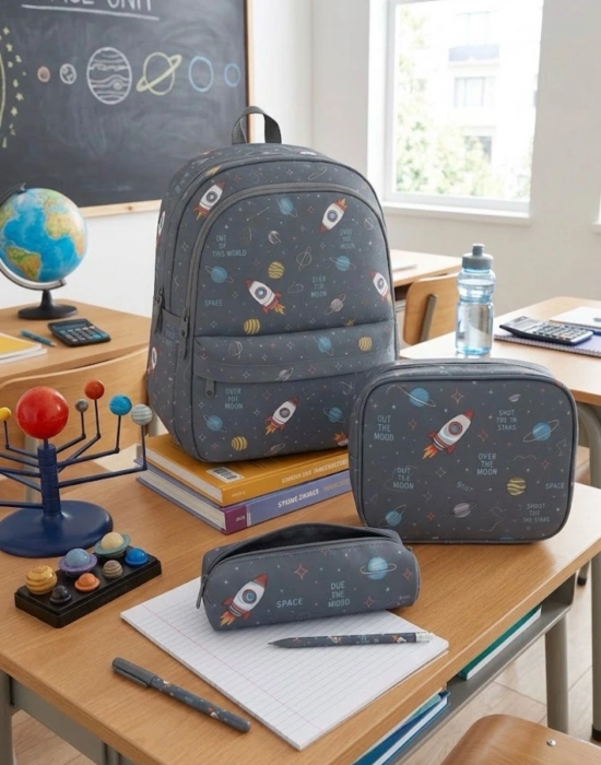 BS. Üçlü Okul Çanta 3 Lü Kalemlik Beslenme Okul Çantası Seti Astronot