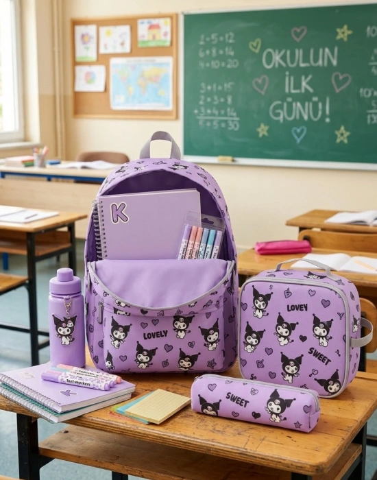 BS. Üçlü Okul Çanta 3 Lü Kalemlik Beslenme Okul Çantası Seti Kuromi Mor