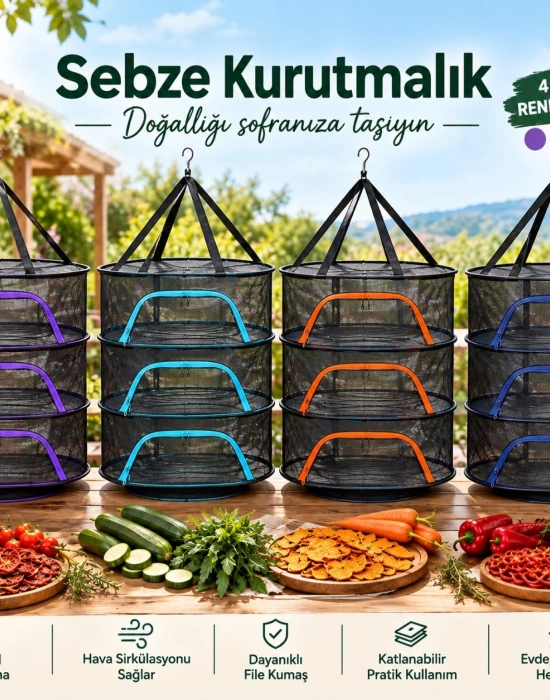 I. Renkli Oval Sebze ve Meyve Kurutma Filesi Kurutmalık 70 x 50 x 90 cm