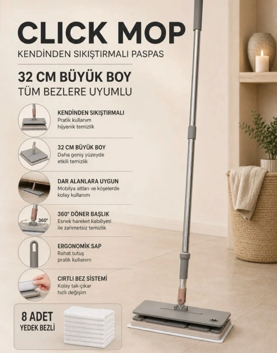 MİSS CLEAN ( 8 Adet Yedek Bezli ) 32 Cm Büyük Boy Tüm Bezlere Uyumlu Click Mop Kendinden Sıkıştırmalı Paspas