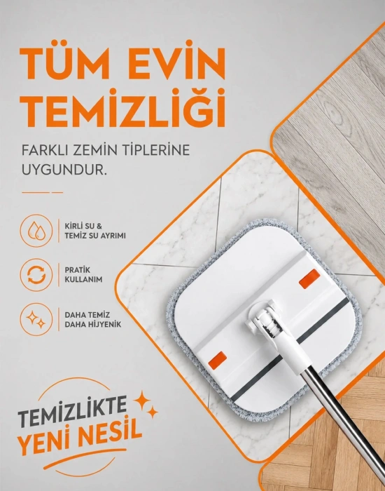 Missclean ( 1 Yedek Bez Hediyeli )Temiz Su ile Kirli Suyu Ayıran Otomatik Temizlik Seti Profesyonel Mop Paspas