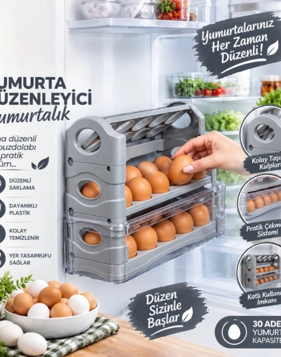 BT. Buzdolabı Kapak İçi 3 Katlı Yumurta Düzenleyici yumurtalık 30 Adet Gri ve Beyaz 9,8 x 26 x 21 cm