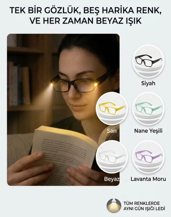 KK. LED Işıklı Kitap Okuma Gözlüğü, Renkli Çerçeve, Çift LED Ayrı Ayrı Eller Serbest Aydınlatma