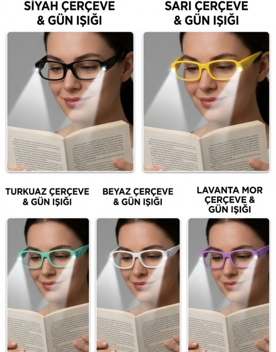 KK. LED Işıklı Kitap Okuma Gözlüğü, Renkli Çerçeve, Çift LED Ayrı Ayrı Eller Serbest Aydınlatma