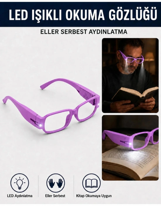KK. LED Işıklı Kitap Okuma Gözlüğü, Renkli Çerçeve, Çift LED Ayrı Ayrı Eller Serbest Aydınlatma
