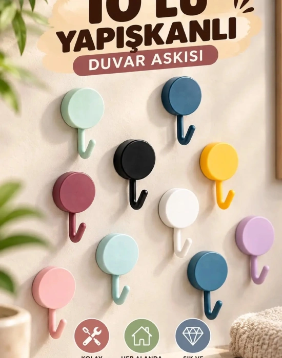 CT. Renkli 10 lu Plastik Kendinden Yapışkanlı Askı Seti