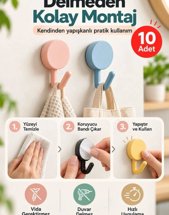 CT. Renkli 10 lu Plastik Kendinden Yapışkanlı Askı Seti