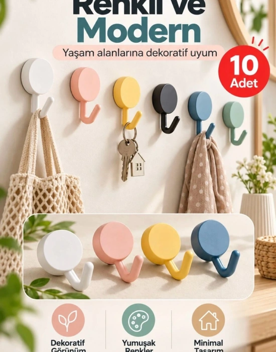 CT. Renkli 10 lu Plastik Kendinden Yapışkanlı Askı Seti