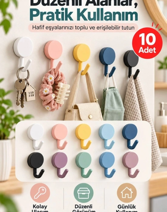 CT. Renkli 10 lu Plastik Kendinden Yapışkanlı Askı Seti
