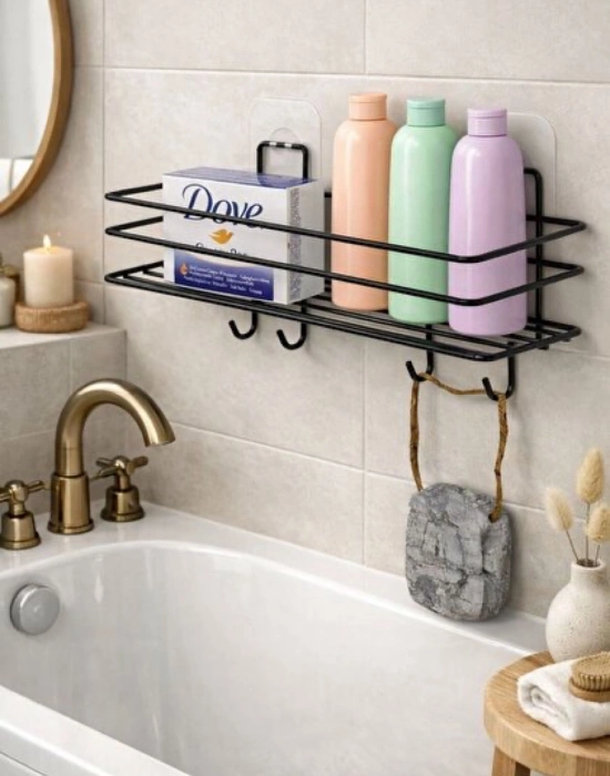 PM. Askılı Banyo Rafı GENİŞ , Duş Şampuanlık , Duşakabin Havlu Askısı , Duvar Düzenleyici Organizer SİYAH