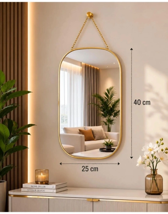 K. Dikdörtgen Çerçeveli Duvar Aynası Askılı Ayna Gold Sarı Çerçeveli Dekoratif Ayna 40x25 cm