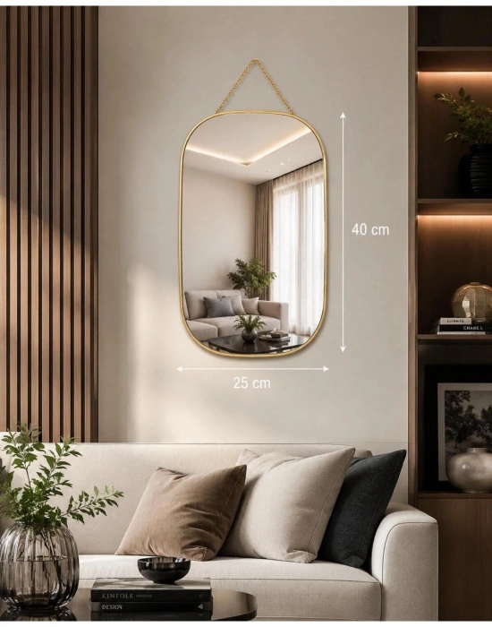 K. Dikdörtgen Çerçeveli Duvar Aynası Askılı Ayna Gold Sarı Çerçeveli Dekoratif Ayna 40x25 cm