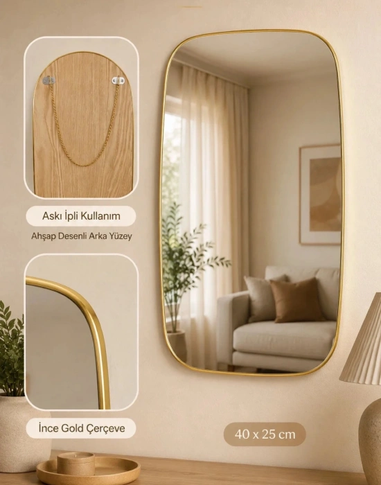 K. Dikdörtgen Çerçeveli Duvar Aynası Askılı Ayna Gold Sarı Çerçeveli Dekoratif Ayna 40x25 cm
