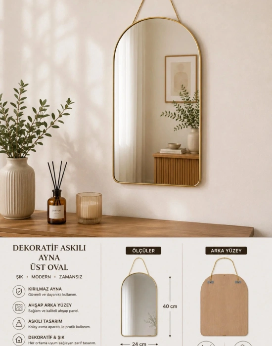 K. HOME Dekoratif Askılı Kırılmaz Duvar Aynası, Ahşap Arkalı, Üst Oval 40x24 cm