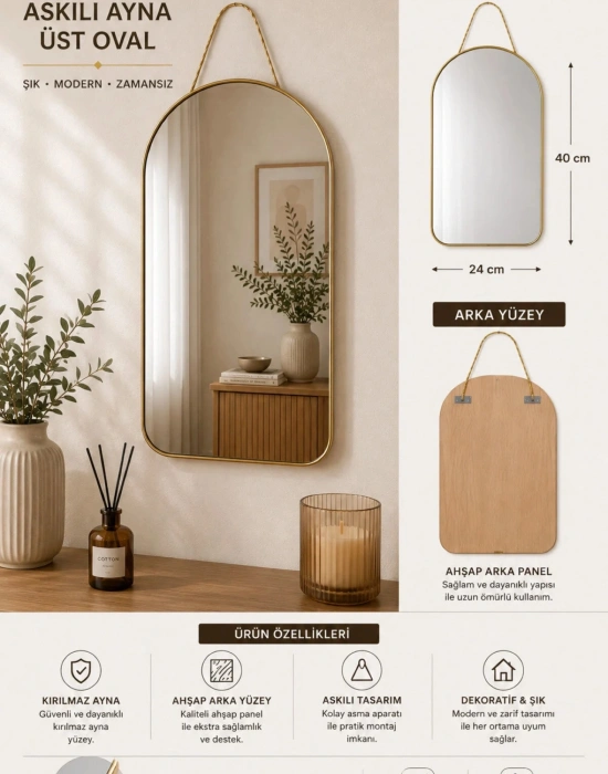 K. HOME Dekoratif Askılı Kırılmaz Duvar Aynası, Ahşap Arkalı, Üst Oval 40x24 cm
