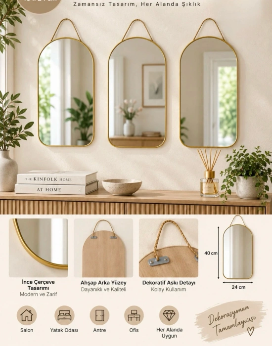 K. HOME Dekoratif Askılı Kırılmaz Duvar Aynası, Ahşap Arkalı, Üst Oval 40x24 cm