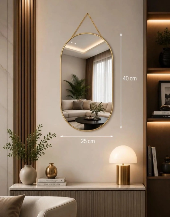 K. OVAL NO2 Model Dekoratif Askılı Kırılmaz Duvar Aynası, Ahşap Arkalı, Çift Oval 40x24 cm