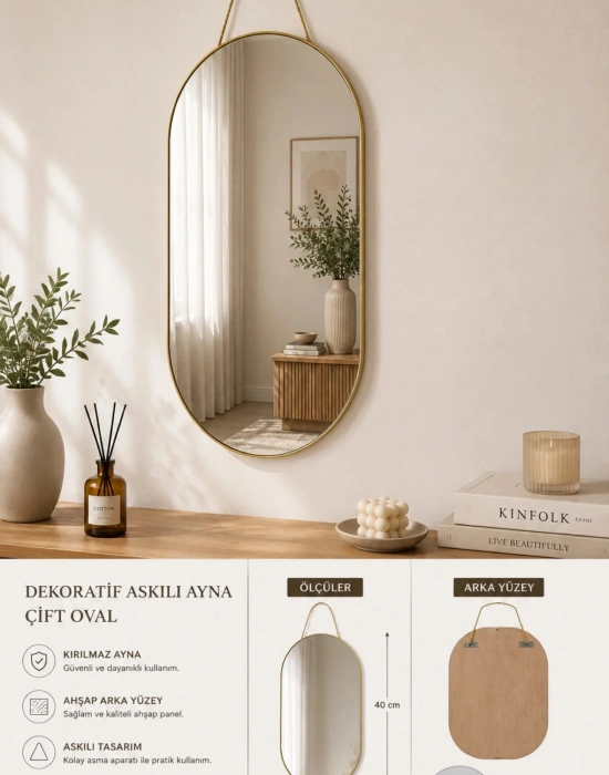 K. OVAL NO2 Model Dekoratif Askılı Kırılmaz Duvar Aynası, Ahşap Arkalı, Çift Oval 40x24 cm