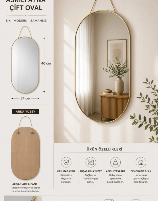 K. OVAL NO2 Model Dekoratif Askılı Kırılmaz Duvar Aynası, Ahşap Arkalı, Çift Oval 40x24 cm