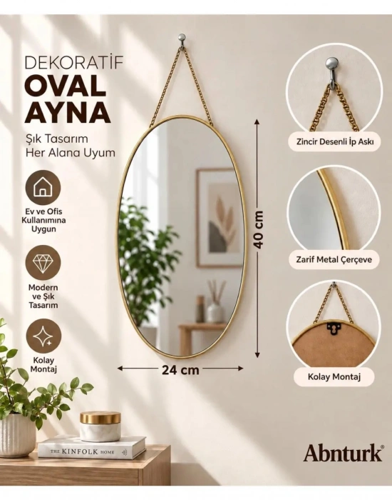 K. OVAL 40x24cm Dekoratif Duvar Aynası-Metal Çerçeveli Salon Mutfak Antre Banyo Aynası